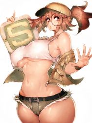 Rule 34 | 1girl, alternate breast size, baseball cap, breasts, brown eyes, brown hair, covered erect nipples, cowboy shot, explosive, fio germi, fumio (rsqkr), glasses, hat, highres, hip vent, large breasts, long hair, looking at viewer, matching hair/eyes, metal slug, midriff, navel, off shoulder, parted lips, ponytail, round eyewear, short shorts, shorts, simple background, solo, stone tablet, tank top, thighs, underboob, vest, white background, white tank top, wristband