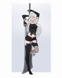 Rule 34 | 1girl, absurdres, arms up, black gloves, black shirt, black thighhighs, breasts, check copyright, copyright request, dolphin shorts, elbow gloves, full body, gloves, greatsword, grey eyes, hair between eyes, highres, long hair, looking at viewer, medium breasts, midriff peek, original, parted lips, planted, planted sword, planted weapon, shirt, shorts, sidelocks, solo, spaghetti strap, standing, standing on one leg, sword, tank top, thighhighs, weapon, white hair, yajuu (tristan maska)
