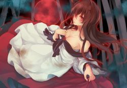 Rule 34 | 1girl, animal ears, bamboo, bamboo forest, bare shoulders, brooch, brown hair, collarbone, dress, forest, frilled dress, frilled skirt, frills, full moon, gensou aporo, hand on own chest, holding, holding clothes, holding skirt, imaizumi kagerou, jewelry, long hair, long sleeves, looking at viewer, looking to the side, moon, nature, off-shoulder dress, off shoulder, red eyes, red moon, red skirt, skirt, solo, tail, touhou, werewolf, white dress, wide sleeves, wolf ears