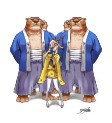 Rule 34 | 1girl, 4boys, :&lt;, alternate costume, animal, arms behind back, bandages, bei ju luoxuan wan, closed mouth, clothes writing, cosplay, disney, furisode, furry, furry male, gazelle (zootopia), gintama, glasses, hachimaki, happi, headband, height difference, holding, holding microphone, japanese clothes, kimono, legs apart, long sleeves, looking at viewer, microphone, multiple boys, obi, pants, purple eyes, sash, shimura shinpachi, shimura shinpachi (cosplay), short kimono, short sleeves, simple background, standing, terakado tsu, terakado tsu (cosplay), thighhighs, tiger, white background, white thighhighs, wide sleeves, zettai ryouiki, zootopia