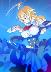 Rule 34 | 1girl, ahoge, alternate costume, blazblue, blazblue: central fiction, blonde hair, blue dress, braid, breasts, closed eyes, closed mouth, dress, es (xblaze), large breasts, long hair, long sleeves, necktie, oota minoru, outstretched arms, red necktie, sidelocks, single braid, solo, spread arms, underbust, xblaze