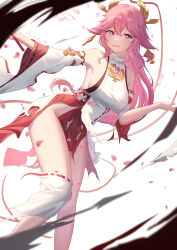 Rule 34 | 1girl, absurdres, animal ears, bare legs, bare shoulders, breasts, commentary request, detached sleeves, feet out of frame, fox ears, genshin impact, gohei, hair between eyes, highres, hnbsgy, large breasts, long hair, long sleeves, looking at viewer, open mouth, pink hair, purple eyes, red skirt, revision, shirt, simple background, skirt, sleeveless, sleeveless shirt, solo, tears, thighs, torn clothes, torn skirt, very long hair, white background, white shirt, yae miko