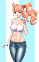 Rule 34 | 1girl, aqua eyes, arm at side, asairosora, bare shoulders, blue background, blue pants, blunt bangs, blush, bracelet, breasts, cleavage, collarbone, cowboy shot, creatures (company), crop top, denim, female focus, game freak, hair ornament, hair tie, hand up, happy, heart, heart hair ornament, highres, jeans, jewelry, large breasts, long hair, looking at viewer, midriff, navel, nintendo, open mouth, orange hair, pants, pocket, pokemon, pokemon swsh, shirt, side ponytail, sidelocks, sleeveless, sleeveless shirt, smile, solo, sonia (pokemon), spaghetti strap, standing, stomach, striped, striped background, white shirt