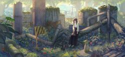 Rule 34 | 1girl, absurdres, archery, barefoot, black hair, bow (weapon), elf, flower, forest, grass, hakama, hakama skirt, highres, japanese clothes, kimono, long hair, looking at viewer, moss, nature, original, industrial pipe, pointy ears, ruins, scenery, serious, signpost, skirt, solo, statue, user sawz8542, weapon