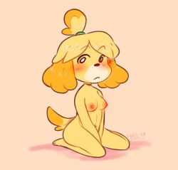 Rule 34 | 1girl, animal crossing, animal ears, artist name, between legs, black eyes, blonde hair, blush, breasts, closed mouth, dated, dog ears, dog girl, dog tail, female focus, full body, furry, furry female, hair tie, hand between legs, isabelle (animal crossing), looking at viewer, medium breasts, navel, nintendo, nipples, nude, orange background, seii shin, short hair, signature, simple background, sitting, solo, tail, topknot, v arms, wariza