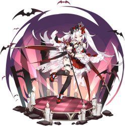Rule 34 | 1girl, azur lane, bare shoulders, bat wings, black thighhighs, black vest, bow, bridal garter, candle, crown, detached sleeves, finger to mouth, floating hair, full body, hair bow, high heels, highres, idol, leg up, long hair, looking at viewer, microphone stand, mini crown, miniskirt, official art, over-kneehighs, pleated skirt, red eyes, red footwear, red skirt, saru, shirt, skirt, solo, stage lights, thighhighs, tongue, tongue out, transparent background, twintails, vampire (azur lane), vampire (night princess idol) (azur lane), very long hair, vest, white hair, white shirt, wings