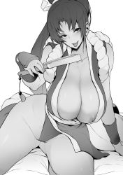 Rule 34 | 1girl, arm guards, blush, breasts, cleavage, collarbone, commentary, english commentary, fatal fury, folded fan, folding fan, greyscale, hand fan, high ponytail, highres, holding, holding fan, huge breasts, japanese clothes, looking at viewer, messatsu tan, monochrome, ninja, nipple slip, nipples, open mouth, pelvic curtain, ponytail, revealing clothes, rope, seiza, shiranui mai, sideboob, sitting, snk, solo, the king of fighters, thighs, thong, tongue, tongue out