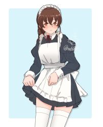 Rule 34 | 1girl, alternate costume, apron, artist logo, black dress, border, braid, brown hair, commentary request, cowboy shot, dress, enmaided, frilled apron, frills, kantai collection, long hair, looking at viewer, maid, maid apron, maid headdress, mochizou, one-hour drawing challenge, orange eyes, single braid, solo, souya (kancolle), two-tone background, white apron, white border, white legwear, wrist cuffs