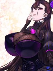 Rule 34 | 1girl, aebafuti, breasts, brown hair, covered erect nipples, covering own mouth, curly hair, curvy, double bun, dress, empty eyes, fate/grand order, fate (series), floral print, frills, gem, hair bun, hand over own mouth, highres, huge breasts, impossible clothes, impossible dress, long hair, long sleeves, looking at viewer, murasaki shikibu (fate), nail polish, open mouth, puffy sleeves, purple dress, purple eyes, simple background, solo, striped clothes, striped dress, turtleneck, very long hair