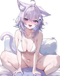 Rule 34 | 1girl, :d, ahoge, animal ear fluff, animal ears, bikini, breasts, cat ears, cat tail, cat tattoo, cleavage, collarbone, ear down, fangs, food-themed hair ornament, hair ornament, highres, hololive, kkato, large breasts, leg tattoo, light blush, long bangs, looking at viewer, medium hair, nail polish, navel, nekomata okayu, on bed, onigiri hair ornament, open mouth, pillow, purple eyes, purple hair, purple nails, sidelocks, signature, smile, solo, stomach, straddling, straight-on, swimsuit, tail, tattoo, teeth, upper teeth only, virtual youtuber, white background, white bikini