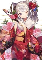 Rule 34 | 1girl, animal ears, arms up, blush, cat ears, closed mouth, commentary, cowboy shot, flower, fur-trimmed kimono, fur trim, grey hair, hagoita, hair flower, hair ornament, head tilt, holding, japanese clothes, kimono, one eye closed, original, paddle, pink flower, red kimono, sash, shugao, side ponytail, simple background, smile, solo, standing, white background, white flower, wide sleeves