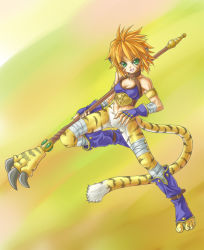 Rule 34 | 1girl, animal ears, bandages, boots, breath of fire, breath of fire ii, cat ears, cat tail, elehime, facial mark, fur, gloves, green eyes, knee boots, red hair, rinpoo chuan, short hair, solo, staff, tail