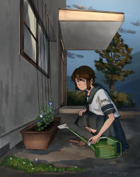 Rule 34 | 1girl, blue flower, blue sailor collar, blue skirt, brown eyes, brown hair, closed mouth, commentary request, dated, flower, highres, kantai collection, kuragare, looking at viewer, looking to the side, miyuki (kancolle), morning glory, outdoors, pleated skirt, sailor collar, school uniform, serafuku, short hair, short sleeves, sidelocks, signature, skirt, split mouth, watering can