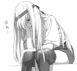 Rule 34 | 10s, 1girl, bad id, bad twitter id, commentary request, greyscale, hand on own face, headband, japanese clothes, kantai collection, kinosuke (sositeimanoga), leaning forward, long hair, looking down, miniskirt, monochrome, open mouth, shoukaku (kancolle), simple background, sitting, skirt, solo, sweat, thighhighs, translated, white background