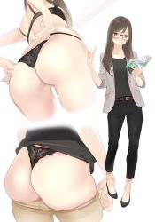 Rule 34 | 1girl, adjusting clothes, adjusting panties, ama mitsuki, ass, back, bare arms, bare shoulders, belt, black bra, black panties, blush, book, bra, breasts, brown eyes, brown hair, collarbone, commentary request, dressing, from behind, from below, full body, glasses, holding, holding book, lace, lace-trimmed bra, lace-trimmed panties, lace trim, long hair, long sleeves, looking at viewer, multiple views, original, panties, pantyhose, parted lips, shoes, simple background, skindentation, standing, thighs, thong, underwear, underwear only, wedgie, yellow panties