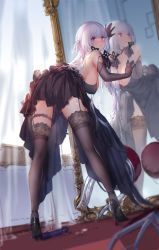 Rule 34 | 1girl, against mirror, artist name, ass, azur lane, backless outfit, bare shoulders, black dress, black footwear, black gloves, black ribbon, black thighhighs, blush, breasts, cleavage, covered erect nipples, dildo, dress, elbow gloves, from behind, garter straps, gloves, hair ribbon, hanging breasts, high heels, highres, illustrious (azur lane), indoors, lace, lace-trimmed legwear, lace-trimmed panties, lace trim, large breasts, long hair, mirror, open mouth, panties, partially visible vulva, purple eyes, reflection, ribbon, sex toy, signature, solo, standing, strap slip, swd3e2, sweat, thighhighs, thighs, tress ribbon, underwear, white hair