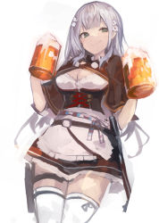 Rule 34 | 1girl, absurdres, alcohol, apron, beer, beer mug, blunt bangs, breasts, brown capelet, brown skirt, capelet, cleavage, corset, cowboy shot, cup, detached collar, flower, green eyes, hair flower, hair ornament, highres, holding, hololive, kaamin (mariarose753), leg strap, long hair, looking at viewer, medium breasts, mug, shirogane noel, shirogane noel (dirndl), skirt, smile, solo, thigh strap, thighhighs, virtual youtuber, white background, white hair, wing collar