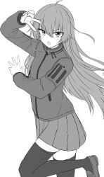 Rule 34 | 1girl, ahoge, arm up, blush, greyscale, hair between eyes, highres, jacket, loafers, long hair, long sleeves, looking at viewer, monochrome, open mouth, original, pleated skirt, shoes, simple background, skirt, solo, standing, standing on one leg, thighhighs, v, very long hair, white background, yakob labo
