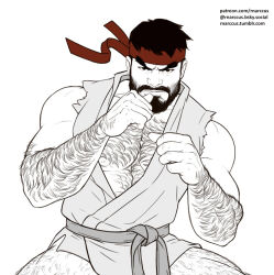 Rule 34 | 1boy, alternate body hair, bara, beard, bottomless, clenched hands, cowboy shot, dougi, facial hair, frown, hairy, headband, large pectorals, leg hair, looking at viewer, male focus, marcus (rnarccus), mature male, muscular, muscular male, mustache, open clothes, open shirt, paid reward available, pectoral cleavage, pectorals, red headband, ryu (street fighter), short hair, sideburns, solo, stomach, street fighter, thighs, torn clothes, torn sleeves, unfinished