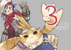 Rule 34 | 1boy, 1girl, android, bandaid, bandaid on face, bandaid on nose, cape, countdown, goggles, goggles on head, grey background, nintendo, nopon, orange eyes, overalls, poppi (xenoblade), poppi alpha (xenoblade), purple hair, red cape, shadow2810, short twintails, simple background, smile, tora (xenoblade 2), twintails, xenoblade chronicles (series), xenoblade chronicles 2