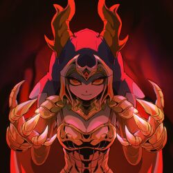 Rule 34 | 1girl, antlers, armor, breastplate, cape, clawed gauntlets, colored sclera, colored skin, commentary, cyany, english commentary, gauntlets, grey skin, grin, hands up, highres, horns, imuthar (cyany), looking at viewer, monster girl, original, pauldrons, red background, red eyes, shoulder armor, smile, solo, upper body, veil, yellow sclera