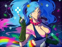 Rule 34 | 1girl, alternate costume, arcade sona, blue eyes, blue hair, bra, breasts, cleavage, commentary, controller, earrings, elbow gloves, english commentary, fingerless gloves, gloves, green gloves, hair ornament, hairclip, index finger raised, jewelry, joystick, large breasts, league of legends, long hair, midriff, multicolored hair, necklace, pearl necklace, pink hair, pixelated, purple bra, rainbow, solo, sona (league of legends), star (symbol), star earrings, star hair ornament, twintails, two-tone hair, uncle rabbit ii, underwear