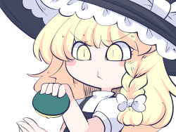 Rule 34 | 1girl, black hat, black vest, blonde hair, blush stickers, braid, chahan (fried rice0614), closed mouth, hat, holding, holding wallet, kirisame marisa, long hair, one-hour drawing challenge, shirt, short sleeves, simple background, single braid, solo, touhou, upper body, vest, wallet, white background, white shirt, witch hat, yellow eyes