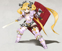 Rule 34 | 1girl, 7th dragon, 7th dragon (series), armor, berich (7th dragon), blonde hair, highres, knight, knight (7th dragon), long hair, looking at viewer, miwa shirow, shield, solo, sword, twintails, very long hair, weapon