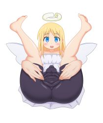 Rule 34 | 1girl, absurdres, angel, ass, bike shorts, blonde hair, blue eyes, blush, bulge, crimvael, dress, feet, futanari, highres, ishuzoku reviewers, kazeno37027, long hair, pussy, shorts, smile, soles, solo, spread pussy, spread pussy under clothes, testicles, through clothes, white background, white dress, wings