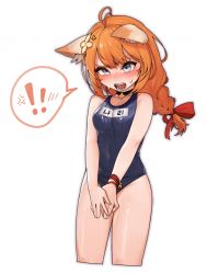 Rule 34 | !, 1girl, anger vein, animal ears, antenna hair, bell, blue eyes, blue one-piece swimsuit, blush, braid, breasts, character name, choker, covered navel, cropped legs, eight-tailed fox nari, embarrassed, guardian tales, hair ornament, hair ribbon, jingle bell, korean text, long hair, low-tied long hair, one-piece swimsuit, open mouth, orange hair, own hands together, ribbon, sangobob, school swimsuit, shiny skin, simple background, single braid, small breasts, solo, spoken anger vein, spoken blush, spoken exclamation mark, sweat, swimsuit, teeth, white background, wristband