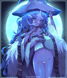 Rule 34 | 1girl, absurdres, blue eyes, blue hair, blue hat, blue skin, cloak, closed mouth, colored skin, elden ring, extra arms, extra faces, fingernails, full moon, fur cloak, hand on headwear, hat, highres, jewelry, kkato, looking at viewer, moon, navel, panties, ranni the witch, ring, solo, standing, thighs, underwear, white panties, witch hat