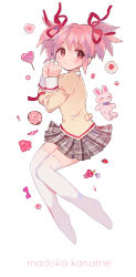 Rule 34 | 1girl, back bow, beige bow, blush stickers, bottle, bow, bowtie, brown skirt, candy, candy wrapper, character name, clenched hands, closed mouth, cream, cupcake, dot nose, doughnut, expressionless, facing viewer, flower, food, fruit, full body, hair ribbon, hands up, heart, heart-shaped lollipop, highres, juliet sleeves, kaname madoka, knees together feet apart, light blush, lollipop, long sleeves, looking to the side, mahou shoujo madoka magica, marble, mitakihara school uniform, miyako (xxxbibit), no shoes, pastry, perfume bottle, pill, pink eyes, pink flower, pink hair, pink ribbon, pink rose, pink theme, plaid, plaid skirt, pleated skirt, puffy sleeves, purple bow, purple bowtie, red ribbon, ribbon, rose, school uniform, shaped lollipop, short twintails, simple background, skirt, solo, sprinkles, strawberry, stuffed animal, stuffed rabbit, stuffed toy, thighhighs, twintails, white background, white thighhighs, zettai ryouiki