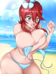 Rule 34 | 1girl, beach, bikini, blue bikini, blue eyes, blue sky, blurry, blurry background, blush, breasts, captain rs (evil utdm), cloud, collarbone, creatures (company), day, female focus, game freak, hair between eyes, highres, large breasts, long hair, navel, nintendo, ocean, open mouth, outdoors, pokemon, pokemon bw, red hair, sand, sidelocks, sky, skyla (pokemon), solo, standing, stomach, swimsuit, thick thighs, thighs, tongue, wardrobe malfunction, wide hips