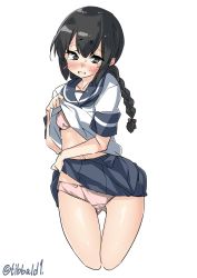 Rule 34 | 10s, 1girl, bad id, bad twitter id, black eyes, black hair, blue skirt, blush, bow, bra, braid, clothes lift, collarbone, cowboy shot, cropped legs, ebifurya, hair bow, highres, inactive account, isonami (kancolle), kantai collection, lifting own clothes, long hair, looking at viewer, open mouth, panties, pink bow, pink bra, pink panties, pleated skirt, school uniform, serafuku, short sleeves, simple background, single braid, skirt, skirt lift, solo, stomach, sweat, tears, thigh gap, twitter username, underwear, white background