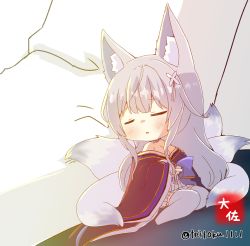 Rule 34 | 1boy, 1girl, animal ears, azur lane, bare shoulders, breasts, chibi, cleavage, closed eyes, commander (azur lane), commentary request, fox ears, fox girl, fox tail, hair between eyes, hair ornament, japanese clothes, kimono, kitsune, kyuubi, long hair, long sleeves, military, military uniform, mini person, minigirl, multiple tails, naval uniform, off shoulder, out of frame, parted lips, pleated skirt, shinano (azur lane), sidelocks, signature, silver hair, size difference, skirt, sleeping, sleeping on person, tail, taisa (kari), thighhighs, twitter username, uniform, white thighhighs, wide sleeves, zettai ryouiki