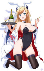 Rule 34 | 1girl, :d, absurdres, animal ears, armpits, asanaya, bare shoulders, black footwear, black leotard, blonde hair, blue eyes, bottle, breasts, brown thighhighs, cleavage, coat, covered navel, cup, demon girl, demon horns, demon tail, demon wings, detached collar, drinking glass, fake animal ears, fake tail, flats, gluteal fold, gradient hair, groin, highleg, highleg leotard, highres, holding, hololive, horns, kneeling, lab coat, large breasts, leotard, long hair, looking at viewer, multicolored hair, off shoulder, open clothes, open coat, open mouth, playboy bunny, pointy ears, rabbit ears, rabbit tail, revision, skindentation, smile, solo, strapless, strapless leotard, syringe, tail, thighhighs, thighs, tray, virtual youtuber, white coat, wine glass, wings, yuzuki choco