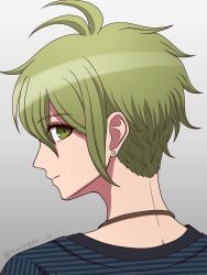 Rule 34 | 1boy, amami rantaro, antenna hair, closed mouth, danganronpa (series), danganronpa v3: killing harmony, earrings, from behind, gradient background, green eyes, green hair, grey background, highres, jewelry, looking at viewer, looking back, necklace, shirt, short hair, solo, striped clothes, striped shirt, suiren yurei