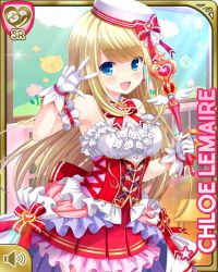 Rule 34 | 1girl, beret, blonde hair, blue eyes, bow, card, character name, chloe lemaire, dress, girlfriend (kari), hat, long hair, magical girl, official art, open mouth, outdoors, qp:flapper, red bow, red dress, skirt, smile, solo, tagme, wand