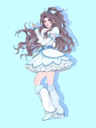 Rule 34 | 1girl, aerith gainsborough, alternate costume, blue background, blue dress, blue ribbon, boots, brown hair, detached sleeves, dress, final fantasy, final fantasy vii, final fantasy vii remake, full body, green eyes, hair ribbon, hand up, highres, kivavis, long hair, looking at viewer, open mouth, parted bangs, ponytail, ribbon, short dress, short sleeves, sidelocks, solo, square enix, wavy hair