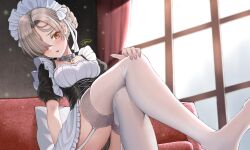 Rule 34 | 1girl, azur lane, black panties, blonde hair, blush, braid, cameltoe, collar, cross, crossed legs, frilled headwear, garter straps, hair over one eye, hair rings, hand on own knee, indoors, lace, lace-trimmed thighhighs, lace trim, maid, maid headdress, metal collar, orange eyes, panties, parted lips, puffy short sleeves, puffy sleeves, sheffield (azur lane), short sleeves, signature, sitting, solo, thighhighs, underwear, white garter straps, white thighhighs, window, yagamin258