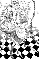 Rule 34 | 1girl, braid, chain, crossed arms, female focus, flask (pandora), greyscale, high heels, highres, izayoi sakuya, knife, looking at viewer, maid, maid headdress, monochrome, open mouth, pocket watch, shoes, solo, touhou, twin braids, watch