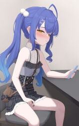 Rule 34 | 1girl, ahoge, amamiya kokoro, amamiya kokoro (8th costume), bag, bare arms, bare shoulders, blue hair, blush, body writing, breasts, cellphone, closed mouth, commentary request, counter times, dress, feet out of frame, grey dress, hair ornament, hairclip, highres, holding, holding phone, long hair, looking at viewer, nijisanji, paid reward available, phone, plaid, plaid dress, pom pom (clothes), pom pom hair ornament, short dress, shoulder bag, sidelocks, sitting, sleeveless, sleeveless dress, small breasts, smartphone, solo, tally, twintails, virtual youtuber, x hair ornament, yellow eyes, yukamikayu