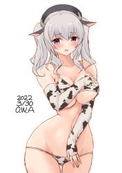 Rule 34 | animal ears, animal print, bikini, blue eyes, breasts, commentary request, cow ears, cow horns, cow print, dated, elbow gloves, fake animal ears, fake horns, fingerless gloves, gloves, gluteal fold, highres, horns, kantai collection, kashima (kancolle), large breasts, lowleg, lowleg bikini, one-hour drawing challenge, owa (ishtail), sidelocks, silver hair, simple background, swimsuit, twintails, twitter username, wavy hair, white background, white bikini, white gloves