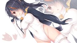 Rule 34 | 10s, 1girl, black hair, blush, brown eyes, brown hair, covered navel, emperor penguin (kemono friends), hair over one eye, headphones, highleg, highleg leotard, highres, hood, kemono friends, leotard, long hair, looking at viewer, multicolored hair, nahaki, sin-poi, solo, streaked hair, triangle mouth, white leotard, zoom layer