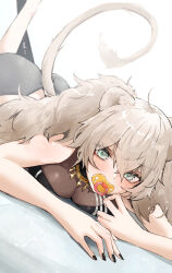 Rule 34 | 1girl, absurdres, animal ears, bare shoulders, black nails, breast press, breasts, cleavage, gold necklace, green eyes, grey hair, hair between eyes, highres, hololive, jewelry, large breasts, lion ears, lion girl, lion tail, long hair, looking at viewer, lying, menomeno draw, nail polish, necklace, on stomach, pacifier, pencil skirt, shishiro botan, shishiro botan (1st costume), simple background, single thighhigh, skirt, solo, tail, thighhighs, virtual youtuber, white background