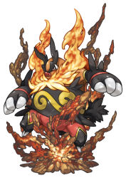 Rule 34 | commentary request, debris, dirt, emboar, explosion, fangs, fire, full body, gen 5 pokemon, jumping, no humans, pearl7, pokemon, pokemon (creature), red eyes, rock, simple background, solo, volcano, white background