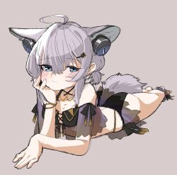 Rule 34 | 1girl, ahoge, animal ear fluff, animal ears, arknights, ass, bare shoulders, bikini, black bikini, blue eyes, blush, breasts, closed mouth, commentary request, fox ears, fox girl, fox tail, grey background, hair between eyes, hand up, highres, looking at viewer, lying, on stomach, purple hair, see-through, shima (wideshi ma), simple background, small breasts, solo, sussurro (arknights), sussurro (summer flower) (arknights), swimsuit, tail