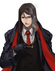 Rule 34 | 1boy, black gloves, black vest, brown hair, cigar, coat, collared shirt, commentary request, fate/grand order, fate (series), gloves, hair between eyes, highres, long hair, long sleeves, looking at viewer, lord el-melloi ii, male focus, necktie, open clothes, open coat, parted lips, shirt, simple background, smoke, solo, upper body, vest, waver velvet, white background, white shirt, wing collar, zonotaida