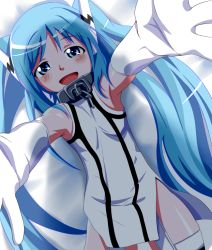 Rule 34 | 1girl, bad id, bad pixiv id, blue eyes, blue hair, chain, collar, elbow gloves, gloves, long hair, looking at viewer, lying, matching hair/eyes, nymph (sora no otoshimono), on back, open mouth, outstretched arms, reaching, reaching towards viewer, solo, sora no otoshimono, suikasan, thighhighs, twintails, white gloves