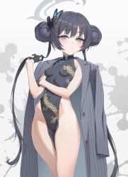 Rule 34 | 1girl, bare legs, black dress, black eyes, black hair, blue archive, breasts, butterfly hair ornament, china dress, chinese clothes, coat, covered erect nipples, covered navel, double bun, dress, ears, female focus, hair bun, hair ornament, highres, kisaki (blue archive), legs, looking at viewer, sleeveless, sleeveless dress, small breasts, solo, standing, thighs, white background, zzzearly